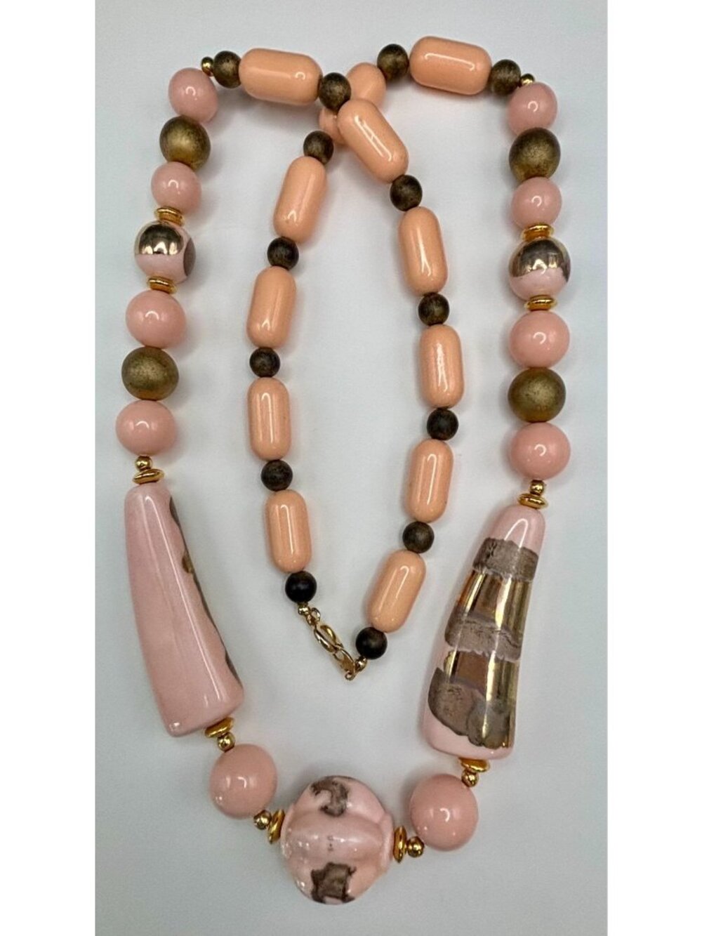 Vintage Japan Pink Ceramic Statement Necklace Mid Century Gold Abstract 30" Bead
